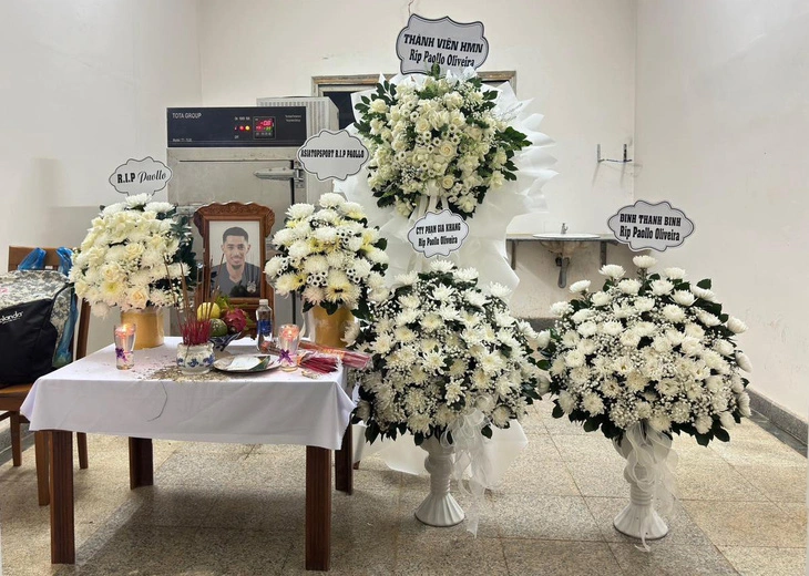 A makeshift altar for Paollo Madeira Oliveira is placed at the funeral home in Hoang Anh Gia Lai Hospital, located in Vietnam’s Central Highlands province of Gia Lai. Photo: Supplied