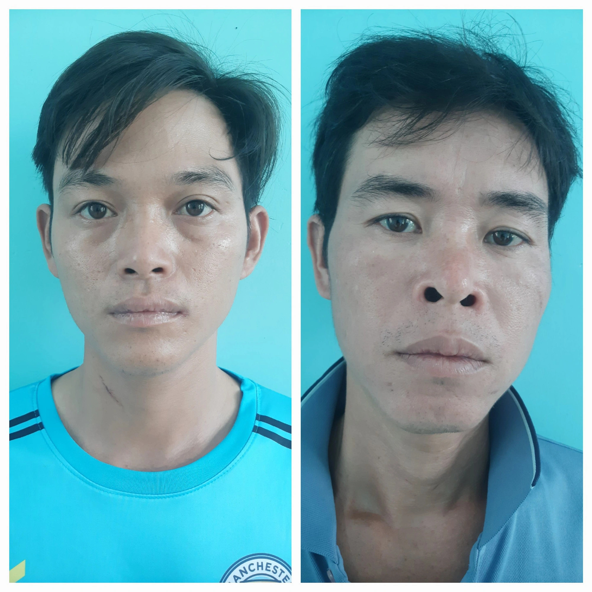 Ho Van Ngoan (L), 29 and Nguyen Van Ven (R), 37, both residing in U Minh Thuong District, Kien Giang Province, southern Vietnam have been arrested for allegedly hunting endangered and rare species at U Minh Thuong National Park. Photo: Tung Tram / Tuoi Tre