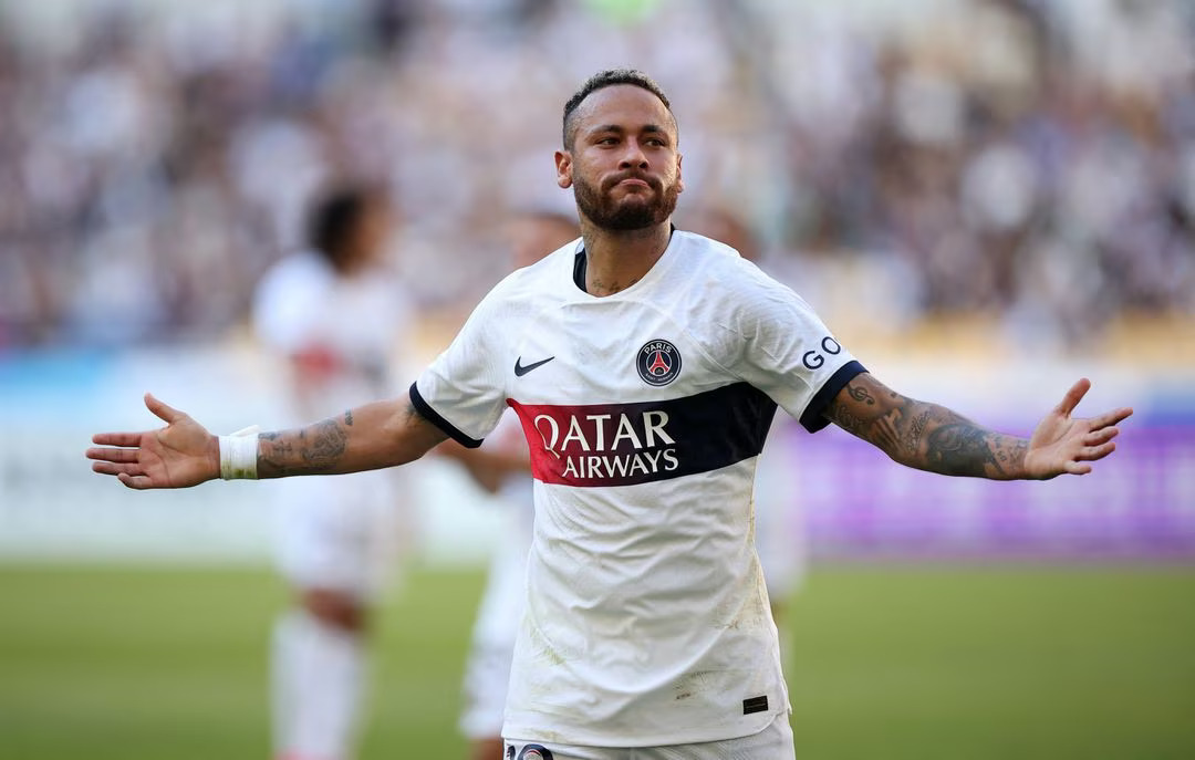 Soccer Football - Friendly - Jeonbuk Hyundai Motors FC v Paris St Germain - Busan Asiad Stadium, Busan, South Korea - August 3, 2023 Paris St Germain's Neymar celebrates scoring their first goal. Photo: Reuters