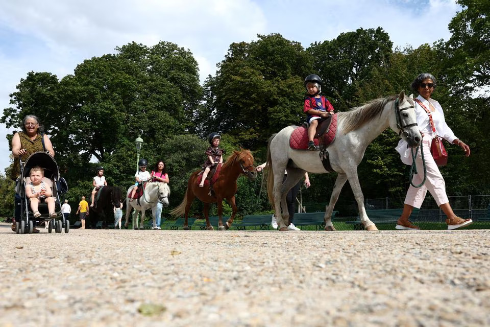 Children take a pony ride on the Parc Monceau as the city of Paris is introducing a ban on pony-riding starting from 2025 after the animal protection association, Paris Animaux Zoopolis warned of shortcomings in animal welfare in Paris, France, August 16, 2023. Photo: Reuters