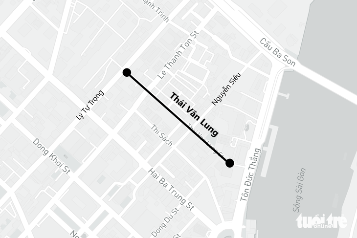 Thai Van Lung Street in Ho Chi Minh City is over 400 meters long and cuts Ly Tu Trong, Le Thanh Ton, and Nguyen Sieu streets. Graphic: Phuong Nhi / Tuoi Tre