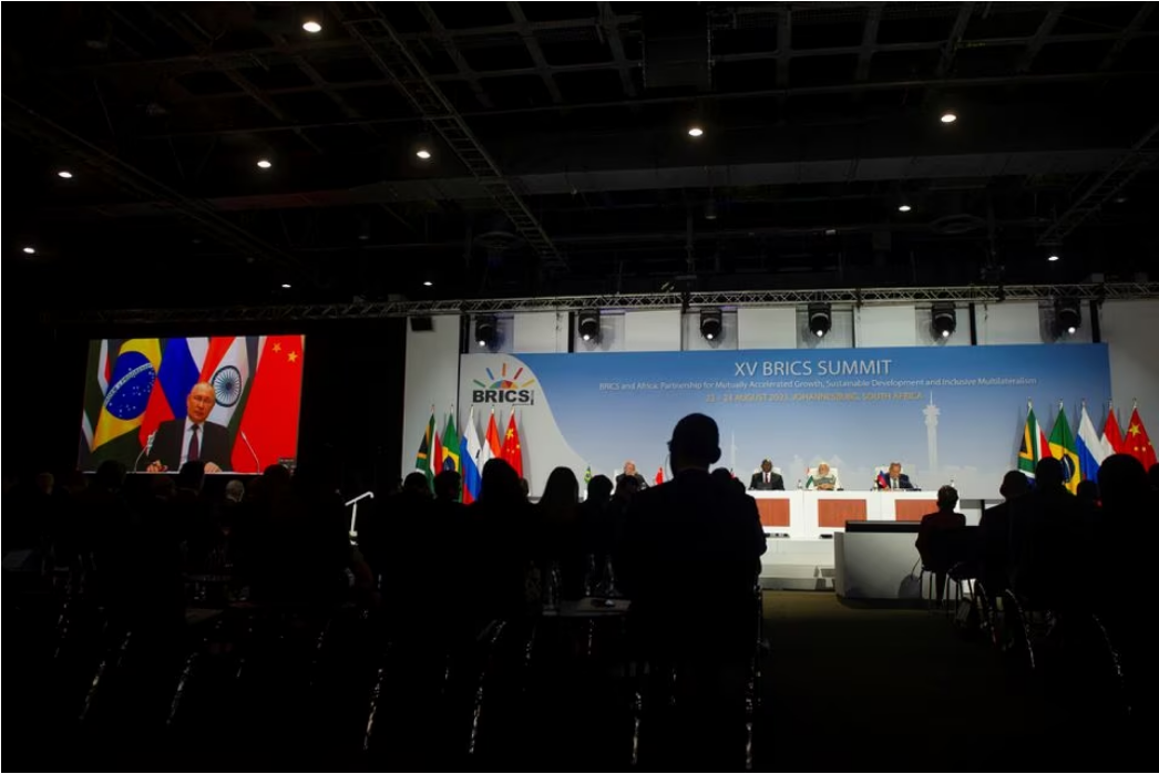 Russian President Vladimir Putin speaks via video link during a press conference as the BRICS Summit is held in Johannesburg, South Africa August 24, 2023. Photo: Reuters