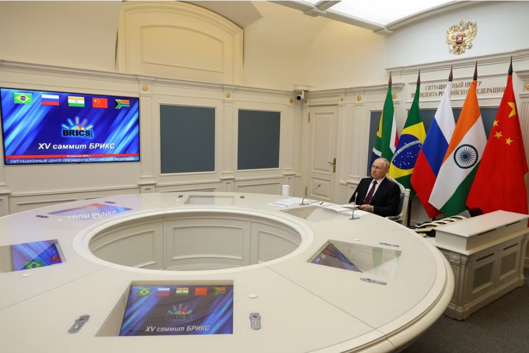 Russian President Vladimir Putin takes part in the 15th BRICS Summit, via video link in Moscow, Russia, August 24, 2023. Photo: Reuters