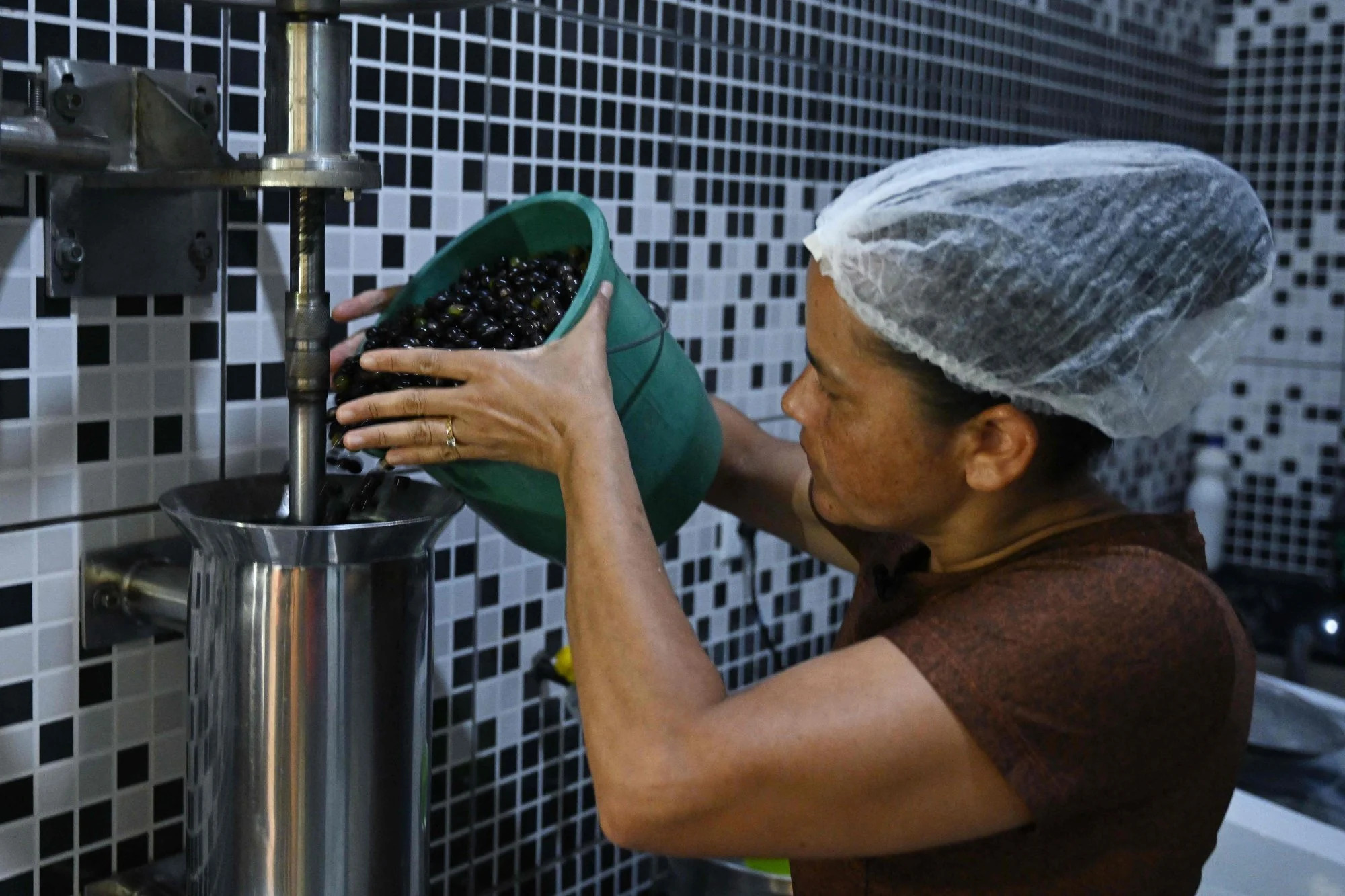 A woman puts acai berries in the machine to extract the pulp at her house in Abaetetuba, Para State, in the Brazilian Amazon forest. Photo: AFP