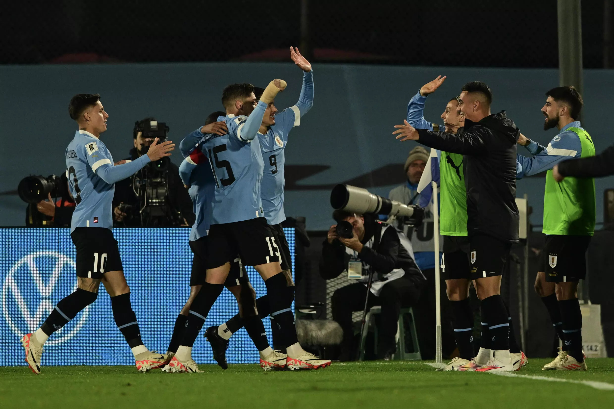 Uruguay's midfielder Nicolas De La Cruz celebrates one of his two goals in the 3-1 win over Chile. Photo: AFP