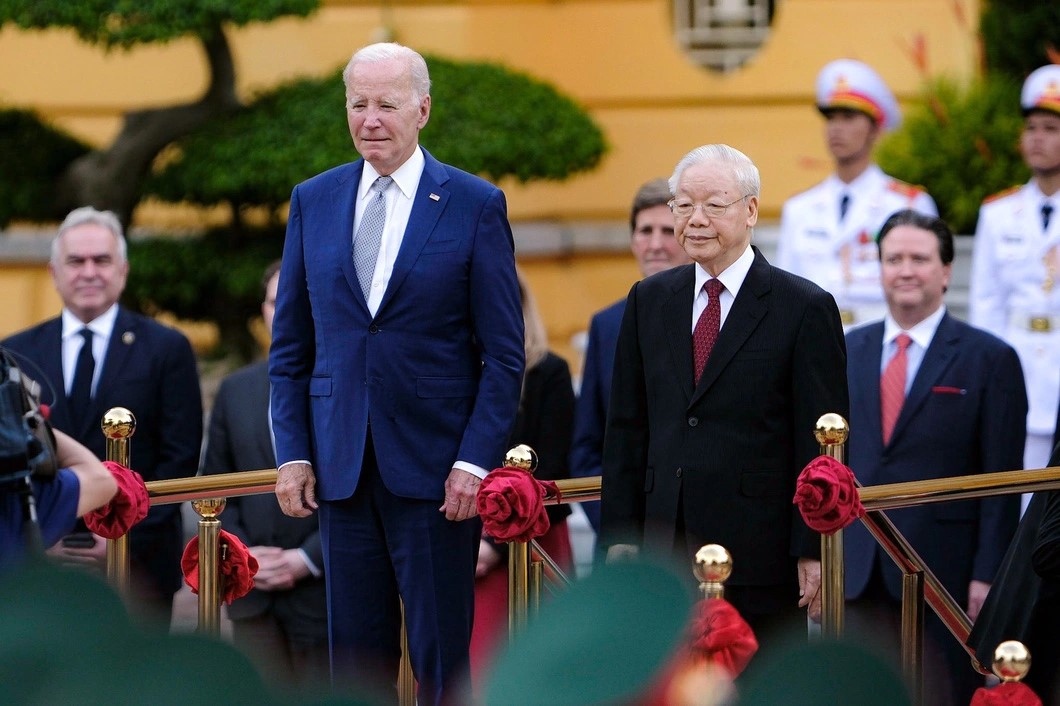 Vietnam's Party General Secretary Nguyen Phu Trong welcomes US President Joe Biden