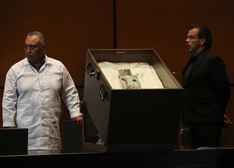 Remains of an allegedly 'non-human' being is seen on display during a briefing on unidentified flying objects, known as UFOs, at the San Lazaro legislative palace, in Mexico City, Mexico September 12, 2023. Photo: Reuters