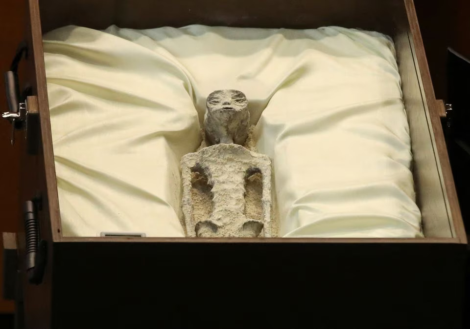 Remains of an allegedly 'non-human' being is seen on display during a briefing on unidentified flying objects, known as UFOs, at the San Lazaro legislative palace, in Mexico City, Mexico September 12, 2023. Photo: Reuters