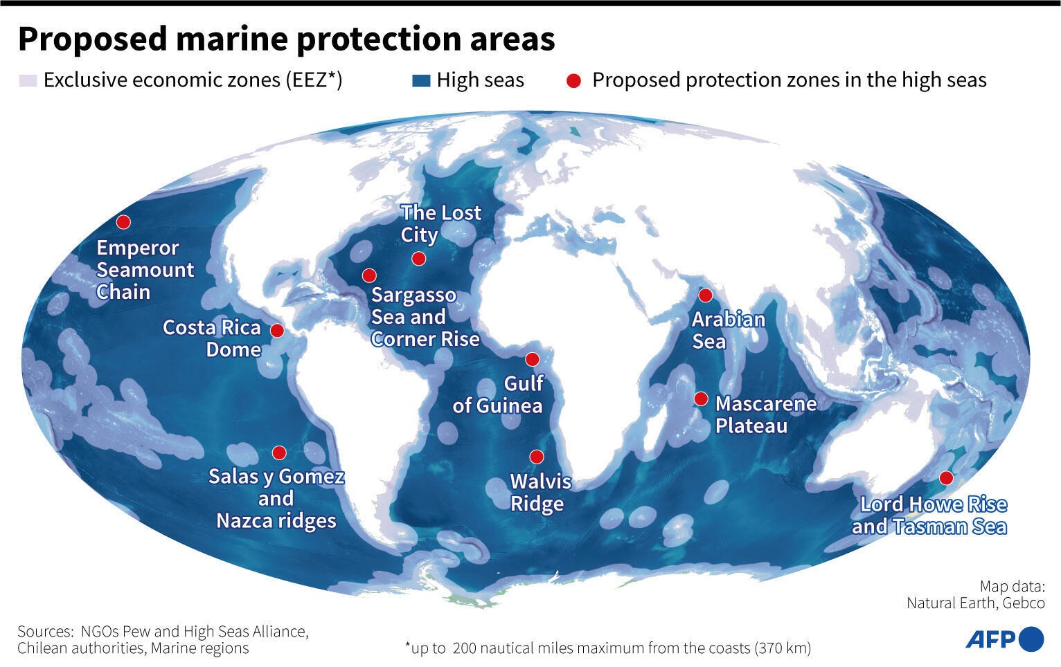 World map showing exclusive economic zones and priority marine zones to protect, according to non-government organisations, the Pew Research Centre and the High Seas Alliance. Photo: AFP