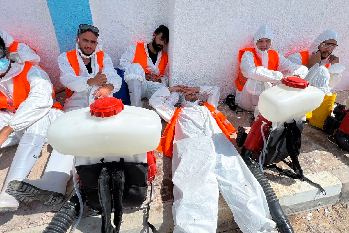 Health workers get rest after they sanitise the destruction areas following deadly floods, in Derna, Libya September 17, 2023. Photo: Reuters