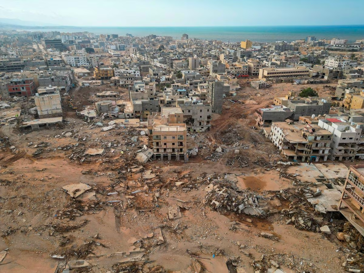 An aerial view that shows destroyed buildings and houses in the aftermath of a deadly storm and flooding that hit Libya, in Derna, Libya September 17, 2023. Photo: Reuters