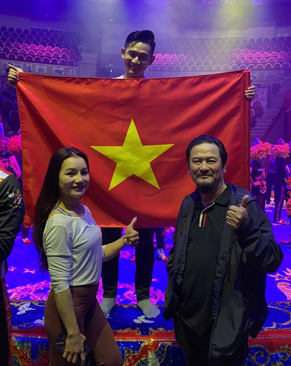 Vietnamese artists Hien Phuoc (C) and Thanh Hoa (L) and Le Dien, director at the Phuong Nam Art Theater’s circus in Ho Chi Minh City, at the second International Circus Festival ‘Without Borders’ in St. Petersburg, Russia, September 2023. Photo: Supplied