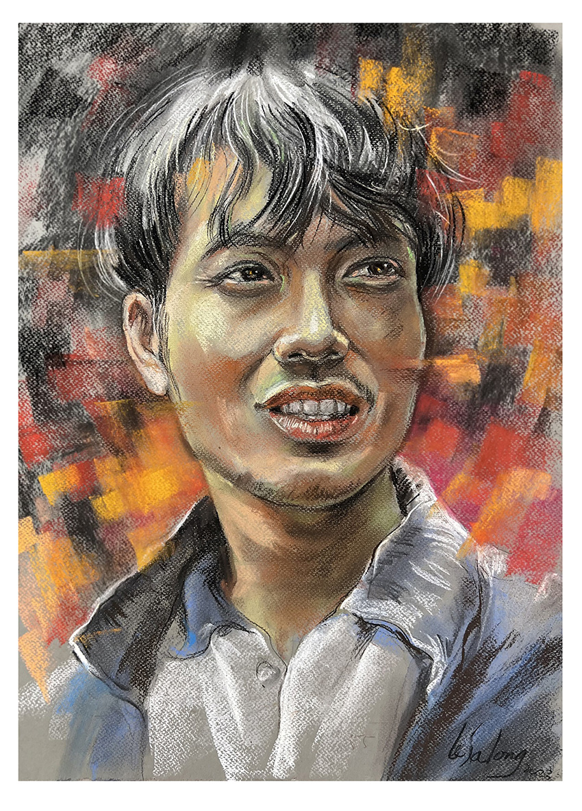 A portrait by artist Le Sa Long depicts Nguyen Van Dang, a heroic deliveryman who helped rescue nine people from the site of a tragic apartment building fire in Hanoi, September 2023. Photo: Supplied