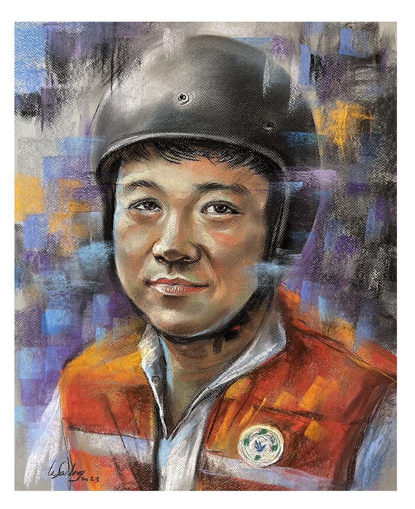 A portrait by artist Le Sa Long depicts Pham Quoc Viet, founder and leader of First Aid Support Angels, a civilian charity organization dedicated to providing timely first aid for accidents in Hanoi, who led his team to help rescue victims at the site of a tragic apartment building fire in Hanoi, September 2023. Photo: Supplied
