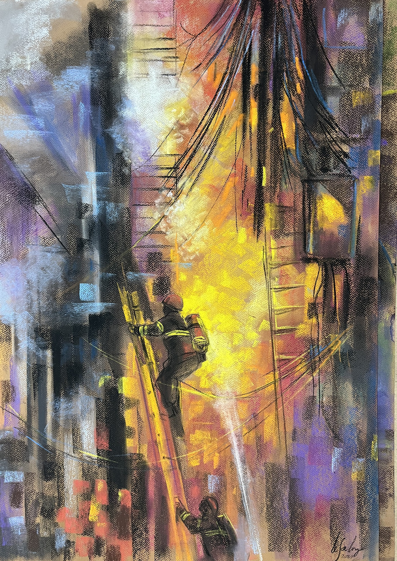 A painting by artist Le Sa Long depicts two brave emergency responders fearlessly entering a burning building to rescue victims in Hanoi, September 2023. Photo: Supplied