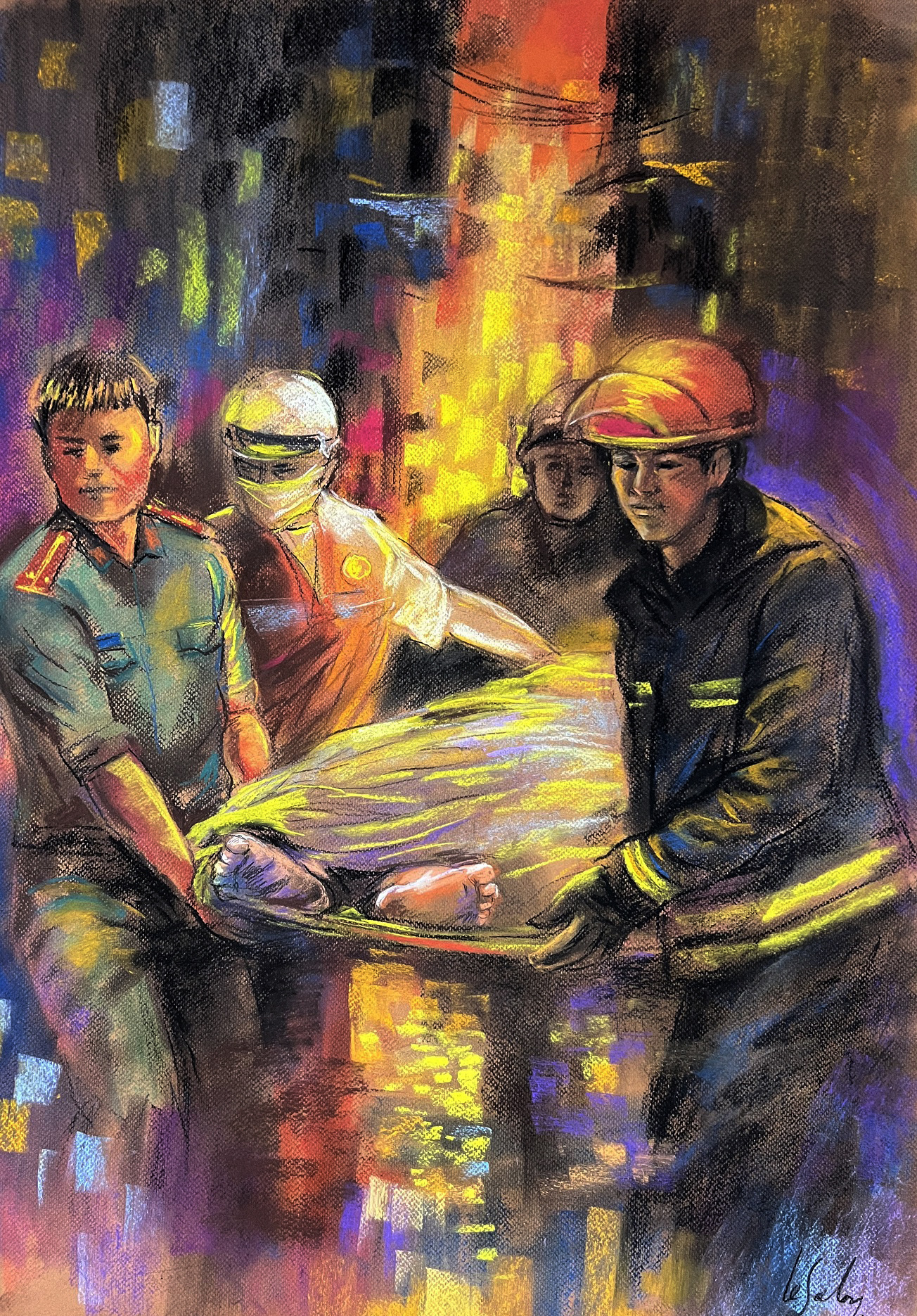 A painting by artist Le Sa Long depicts police officers, firefighters, and civilians banding together to rescue victims of a tragic apartment building fire in Hanoi, September 2023. Photo: Supplied