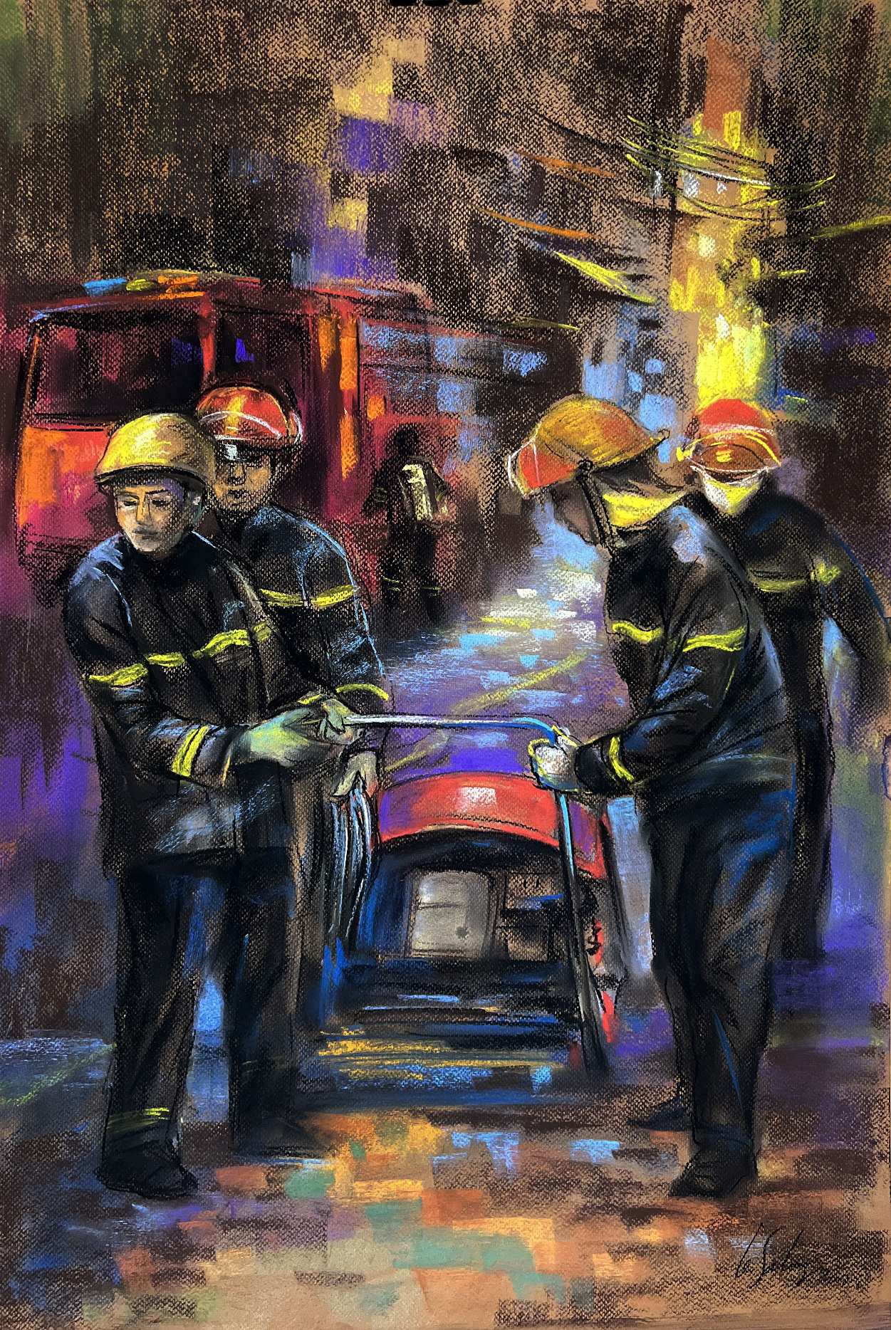 A painting by artist Le Sa Long depicts emergency responders working at the scene of a tragic apartment building fire in Hanoi, September 2023. Photo: Supplied