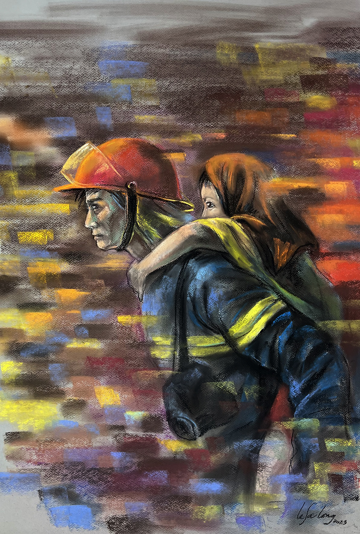 A painting by artist Le Sa Long depicts a firefighter carrying a child out of a tragic apartment building fire in Hanoi, September 2023. Photo: Supplied