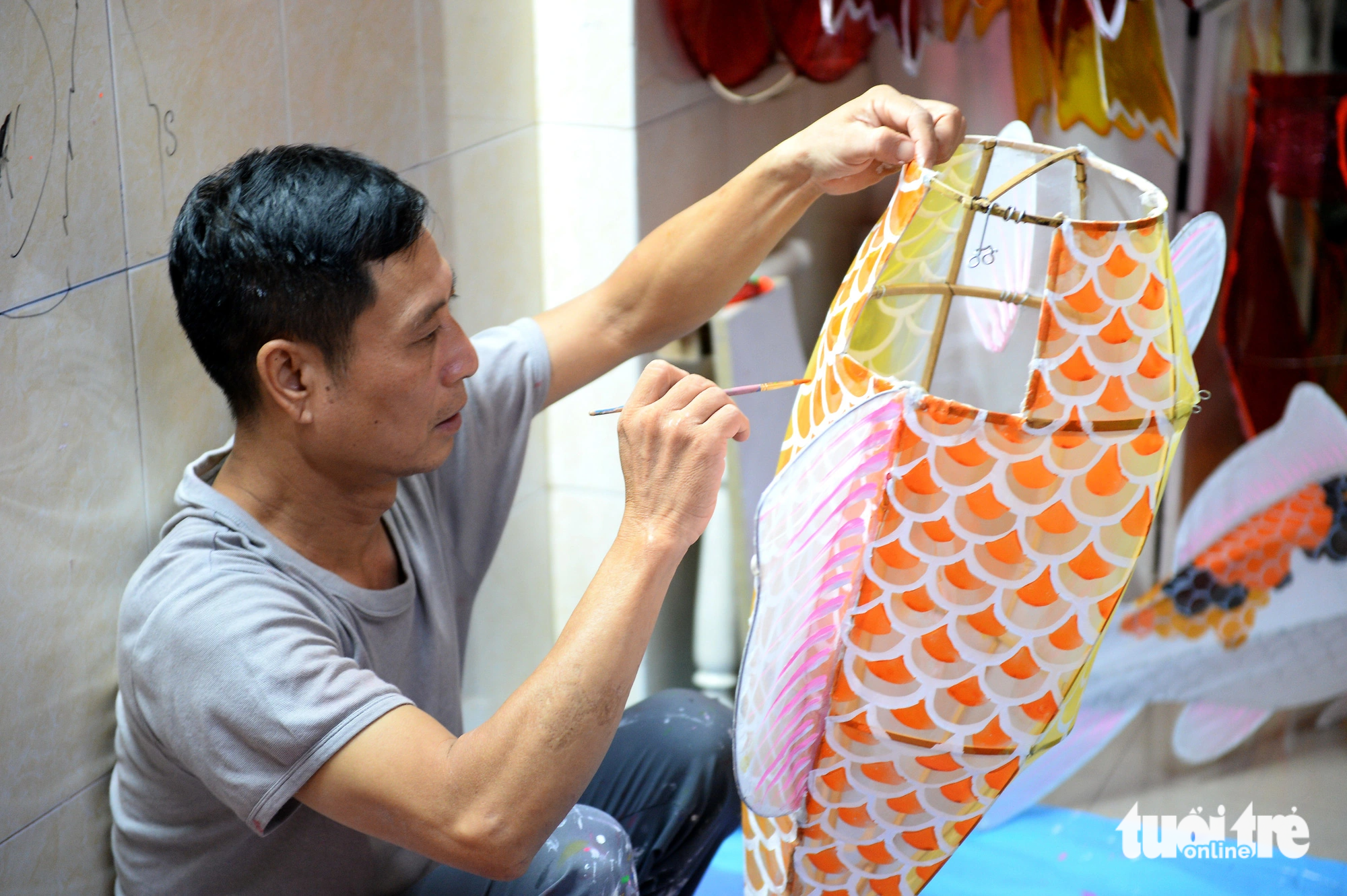 Artisan Nguyen Trong Binh from Phu Binh lantern making village in District 11, Ho Chi Minh City makes a lantern for the 2023 Hue Lantern Festival in Thua Thien-Hue Province in central Vietnam.