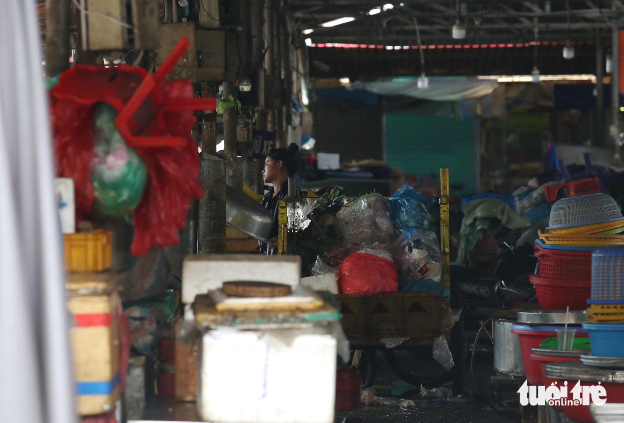 Plastic bags are seen piling up at a wet market in Go Vap District, Ho Chi Minh City