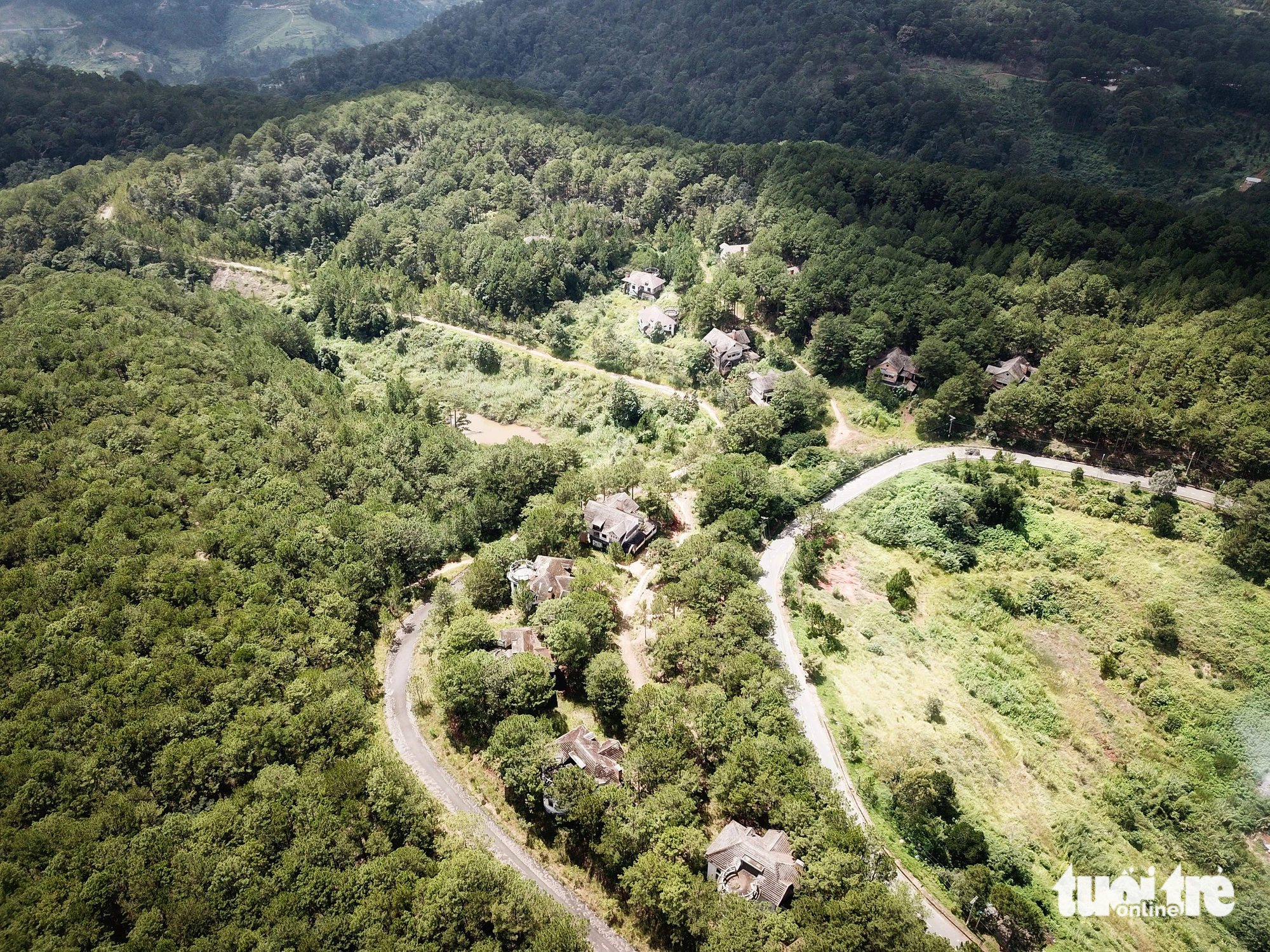 An aerial view of a series of abandoned villas situated amid a pine forest at the heart of the Tuyen Lam Lake tourist area in Da Lat City, Lam Dong Province, Vietnam, October 2023. Photo: M.V / Tuoi Tre