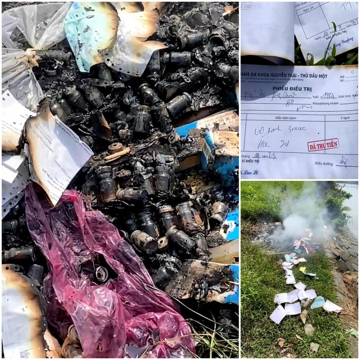 A video screenshot indicates medicine vials and papers being burned on a Saigon River bank section in Binh Duong Province.