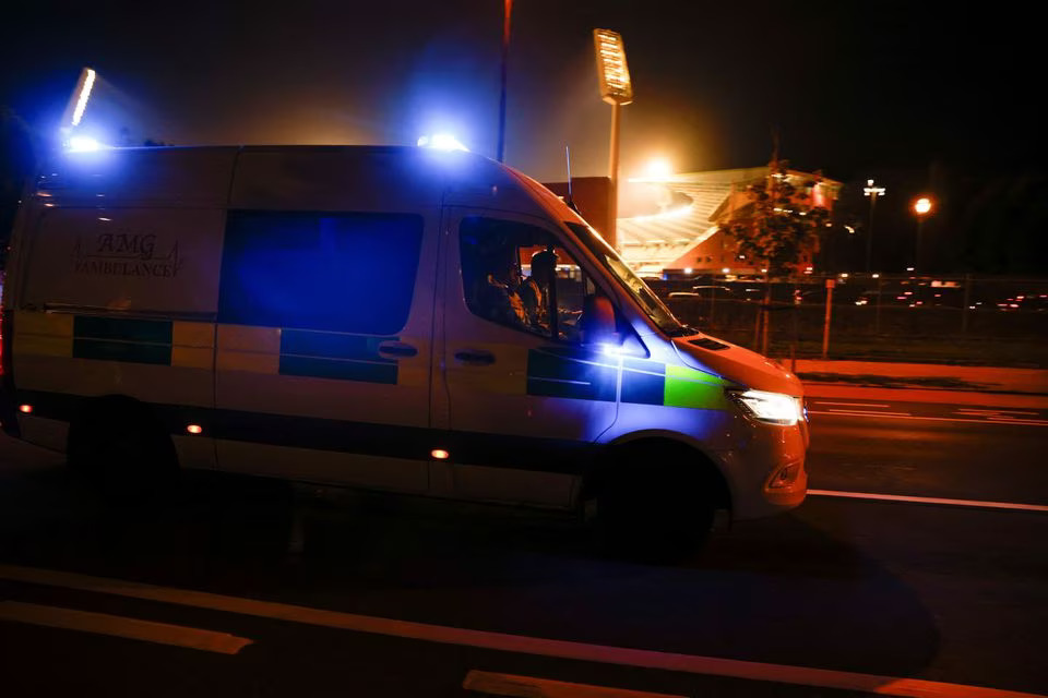 An ambulance drives near King Baudouin Stadium after the match between Belgium and Sweden was suspended following a shooting in Brussels, Belgium, October 17, 2023. Photo: Reuters