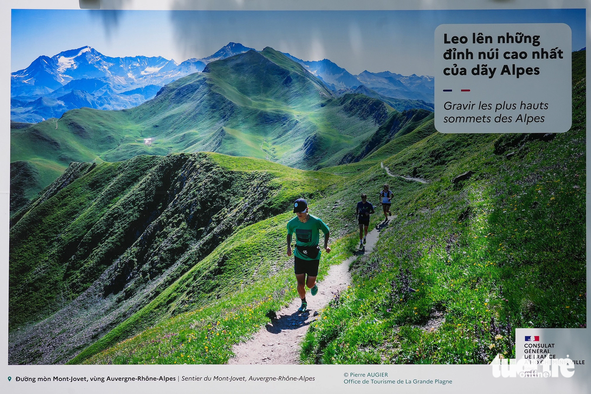 An exhibited photo shows runners on the Ultra Trail du Mont Blanc in France. Photo: Hai Quynh / Tuoi Tre