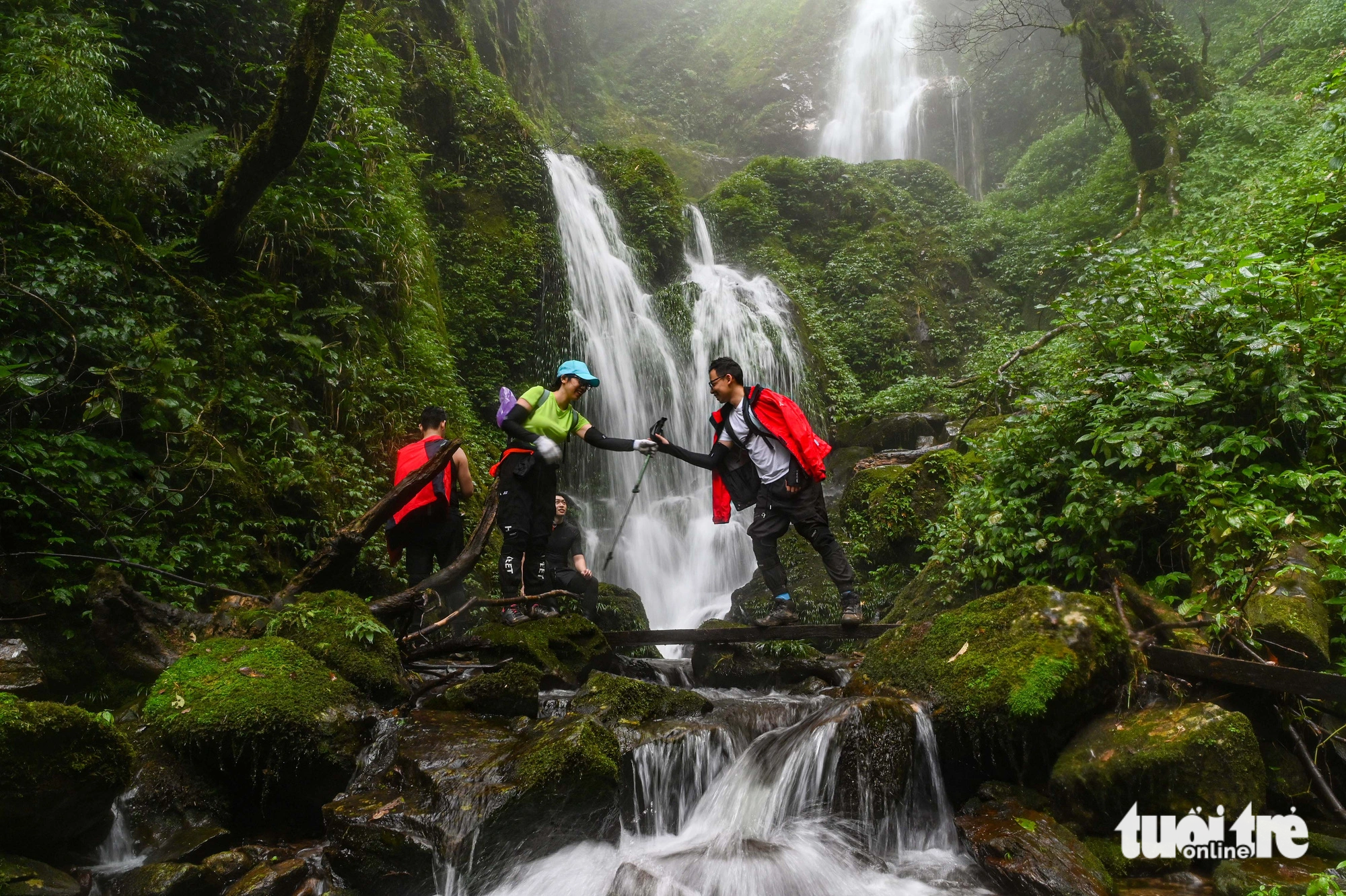 A waterfall rises above the forest. Photo: Hong Quang / Tuoi Tre