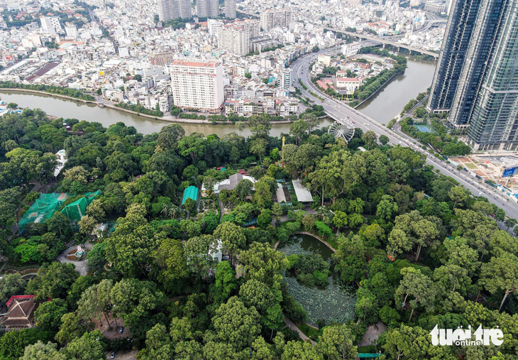 A panoramic view of Saigon Zoo and Botanical Garden in Ho Chi Minh City as seen from above.